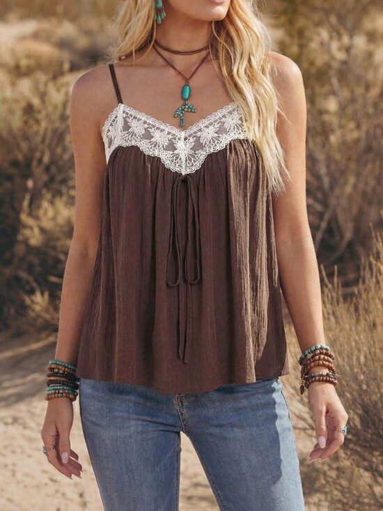 MODA ME COUTURE Tops - Multicolor Casual Boho Women's Lace Color Block Sleeveless Tank Top